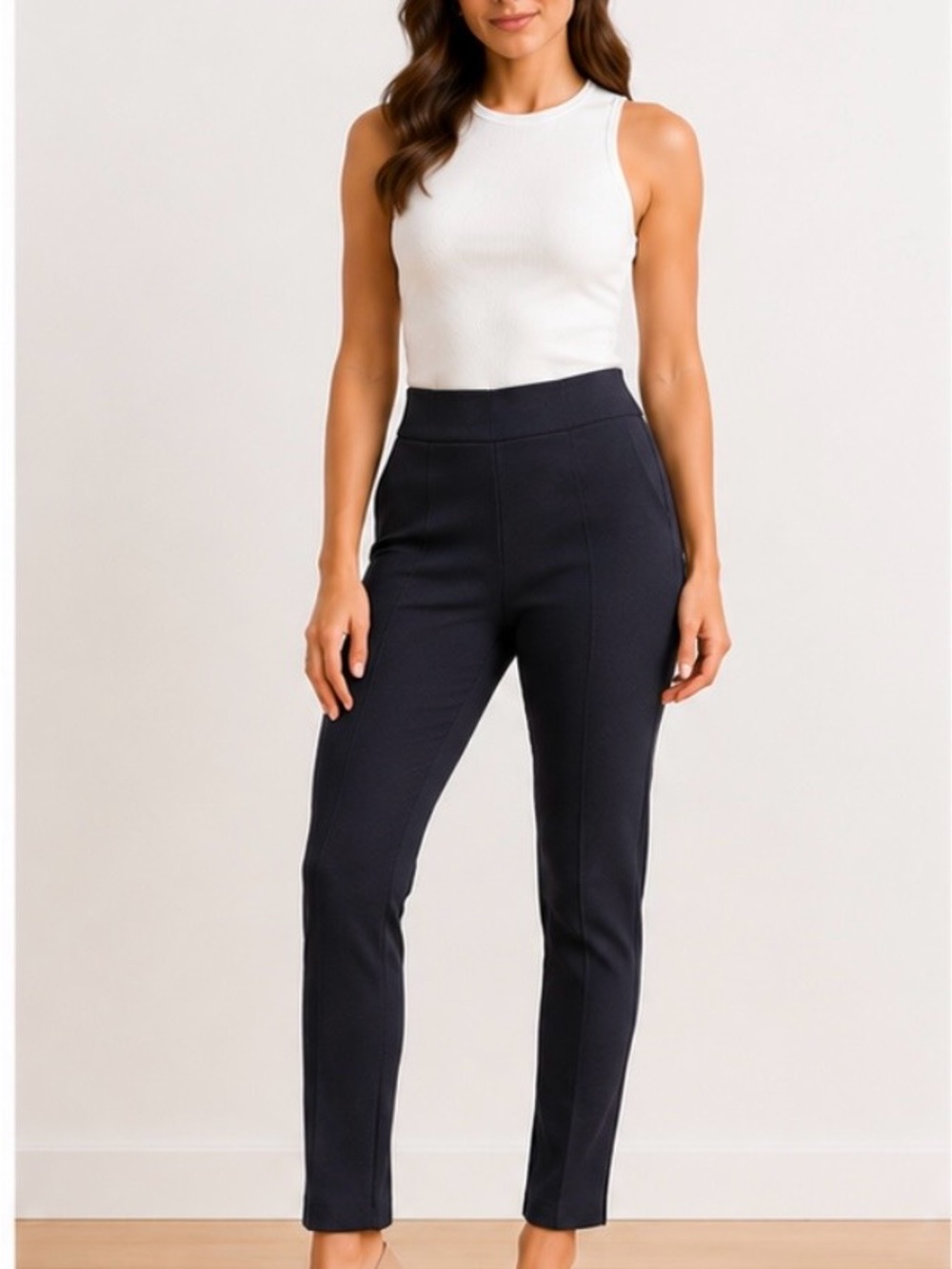 Quince Women’s Black Ponte Knit Slim Straight Pants Size M NWT Side Zip